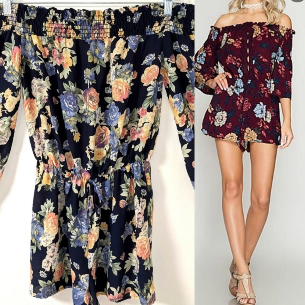 Mimi's Off Shoulder Floral Romper Navy Medium